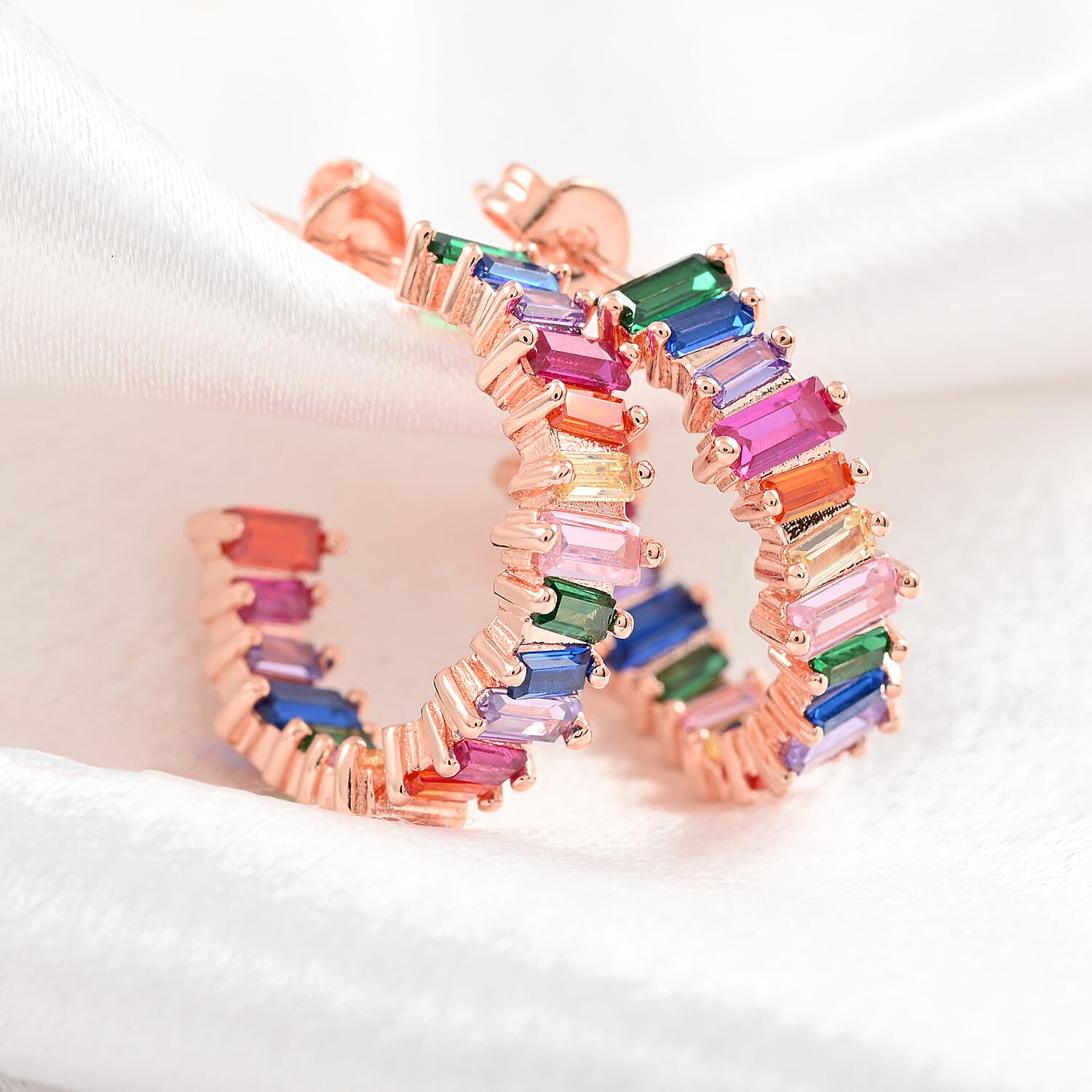 Simulated Multi Color Diamond Inside Out J Hoop Earrings in Rosetone 1.35 ctw