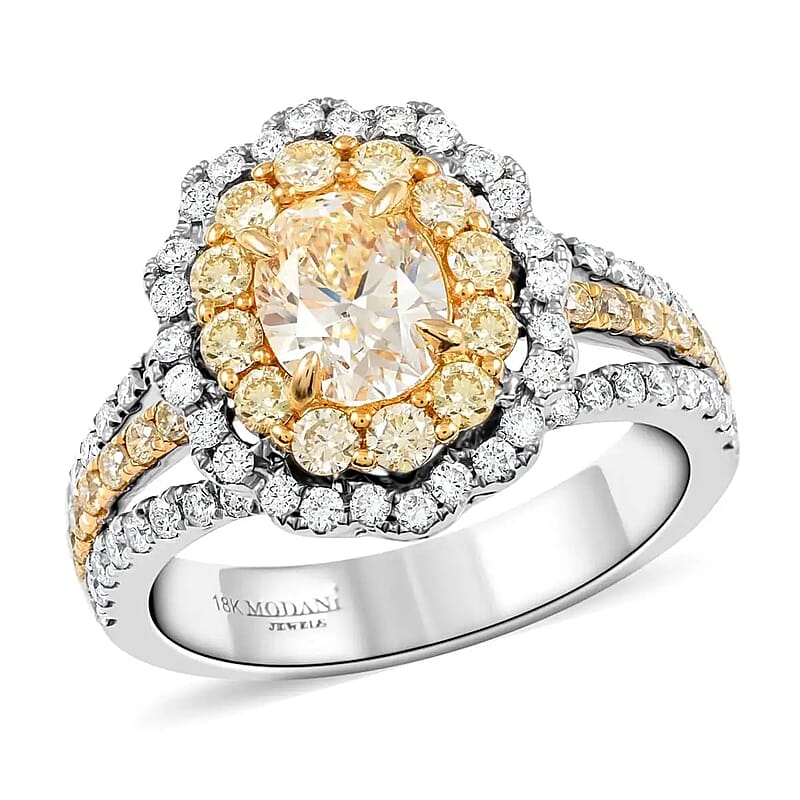 Modani Natural SI Yellow Diamond Ring , White Diamond Accent Ring, Diamond Floral Cluster Ring, 18K Yellow and White Gold Ring, Diamond Jewelry For Her 6.60 Grams 2.15 ctw (Size 10.0)