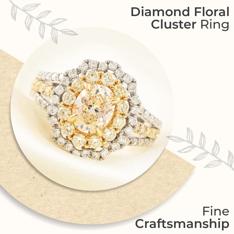 Modani Natural SI Yellow Diamond Ring , White Diamond Accent Ring, Diamond Floral Cluster Ring, 18K Yellow and White Gold Ring, Diamond Jewelry For Her 6.60 Grams 2.15 ctw (Size 10.0)