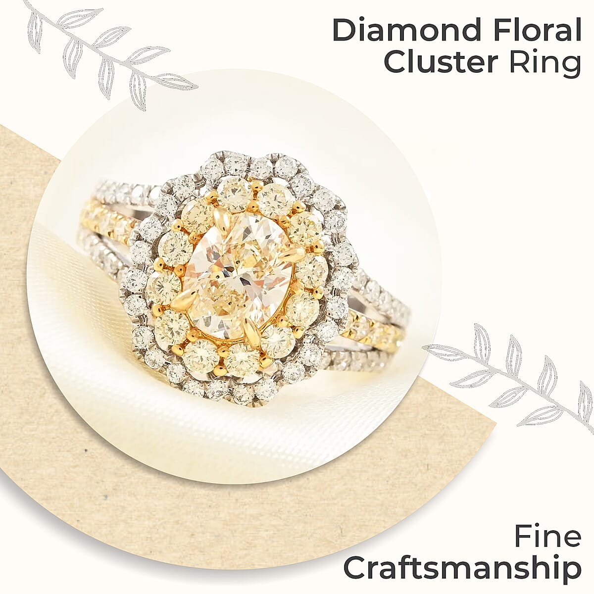 Modani Natural SI Yellow Diamond Ring , White Diamond Accent Ring, Diamond Floral Cluster Ring, 18K Yellow and White Gold Ring, Diamond Jewelry For Her 6.60 Grams 2.15 ctw (Size 5.0) image number 1