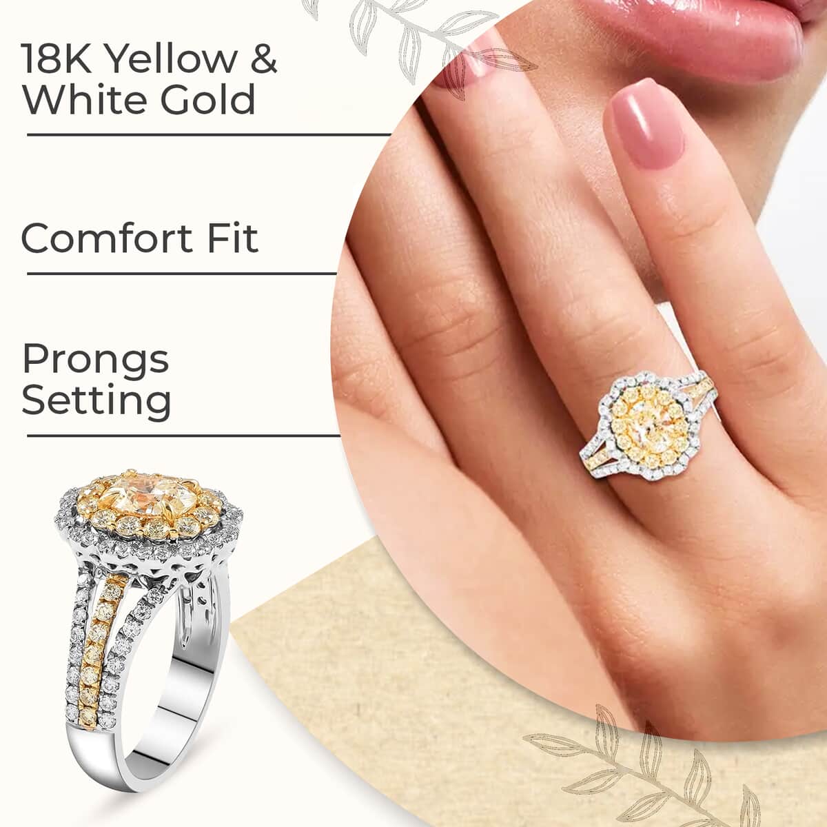 Modani Natural SI Yellow Diamond Ring , White Diamond Accent Ring, Diamond Floral Cluster Ring, 18K Yellow and White Gold Ring, Diamond Jewelry For Her 6.60 Grams 2.15 ctw (Size 7.0) image number 2