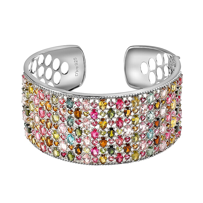 Multi Tourmaline Bracelet, Silver Cuff Bracelet , Sterling Silver Bracelet , Cuff Bracelet For Women (7.25 In) 26.35 ctw