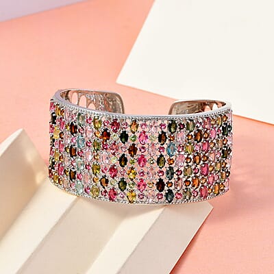 Multi Tourmaline Bracelet, Silver Cuff Bracelet , Sterling Silver Bracelet , Cuff Bracelet For Women (7.25 In) 26.35 ctw