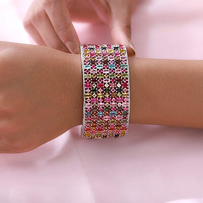 Multi Tourmaline Bracelet, Silver Cuff Bracelet , Sterling Silver Bracelet , Cuff Bracelet For Women (7.25 In) 26.35 ctw