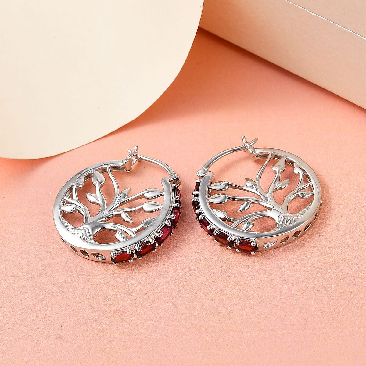 Anthill Garnet Tree of Life Hoop Earrings in Platinum Over Sterling Silver 2.85 ctw image number 1