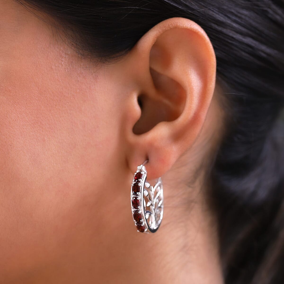 Anthill Garnet Tree of Life Hoop Earrings in Platinum Over Sterling Silver 2.85 ctw image number 2