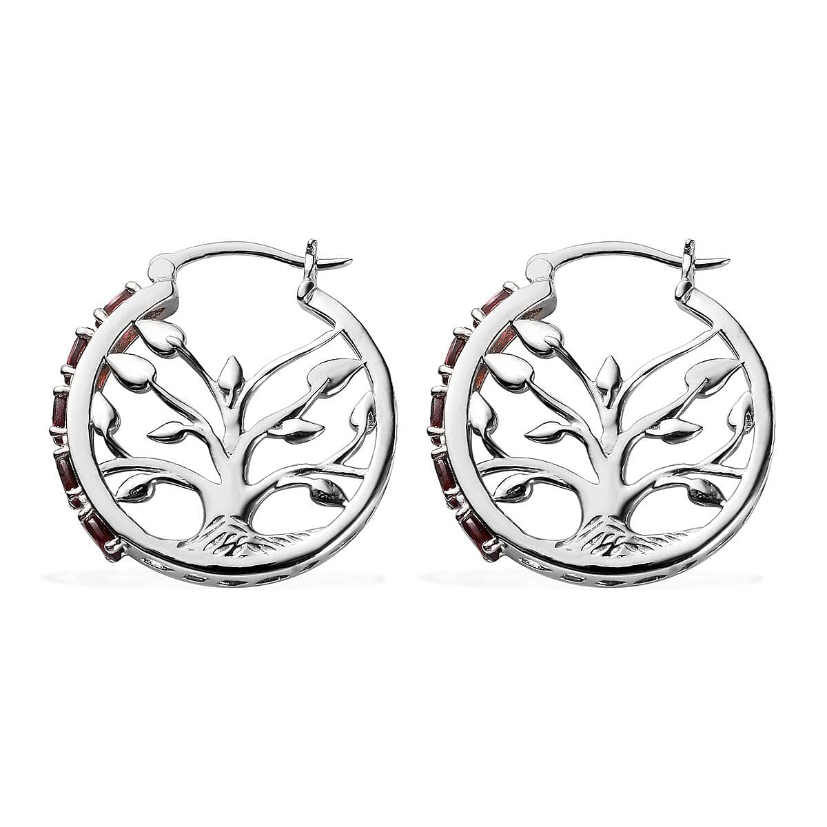 Anthill Garnet Tree of Life Hoop Earrings in Platinum Over Sterling Silver 2.85 ctw image number 3
