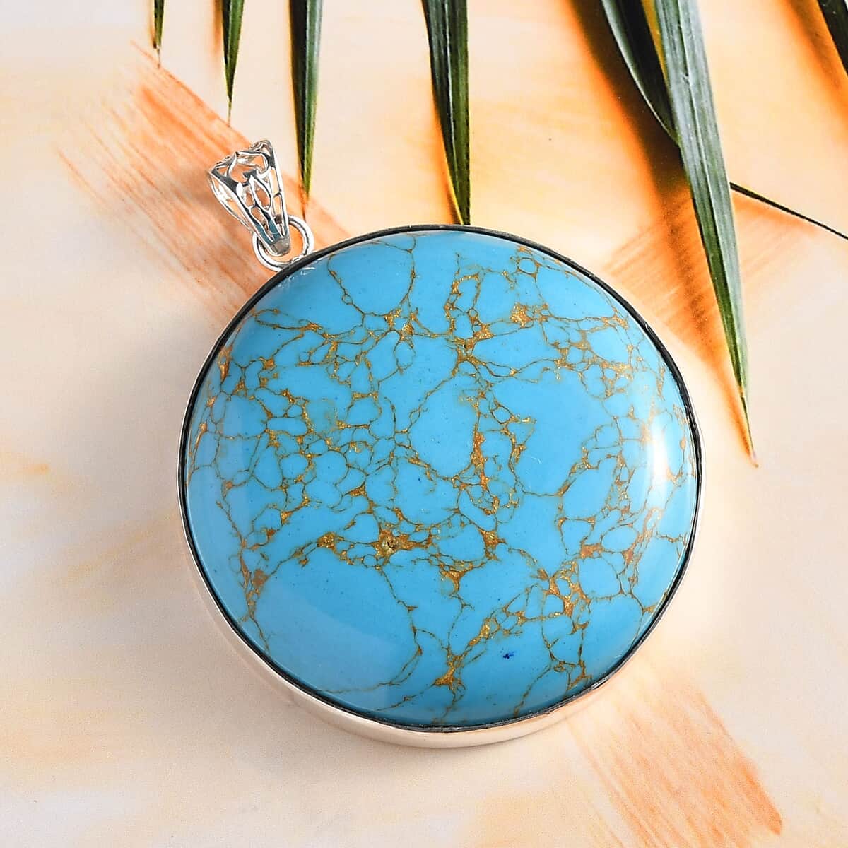 Artisan Crafted Mojave Blue Turquoise Round Pendant in Sterling Silver 97.00 ctw image number 1