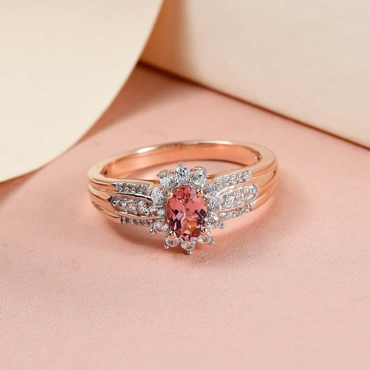 Natural Blush Tourmaline and Natural White Zircon Halo Ring in Vermeil Rose Gold Over Sterling Silver (Size 10.0) 1.15 ctw image number 1