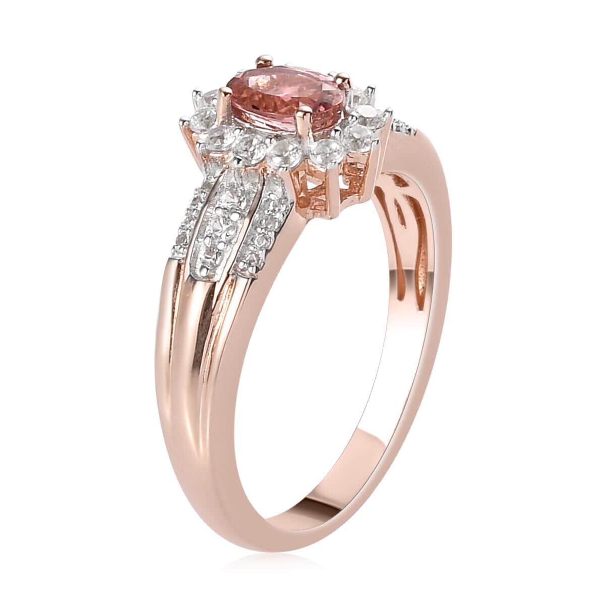 Natural Blush Tourmaline and Natural White Zircon Halo Ring in Vermeil Rose Gold Over Sterling Silver (Size 10.0) 1.15 ctw image number 3