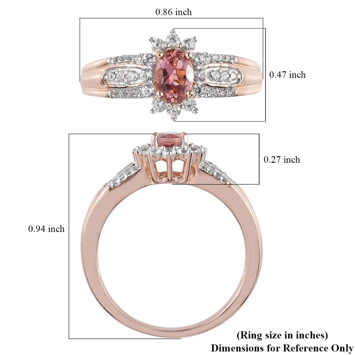 Natural Blush Tourmaline and Natural White Zircon Halo Ring in Vermeil Rose Gold Over Sterling Silver (Size 10.0) 1.15 ctw image number 5