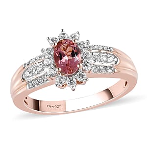 Natural Blush Tourmaline and Natural White Zircon Sunburst Ring in Vermeil Rose Gold Over Sterling Silver (Size 8.0) 1.15 ctw