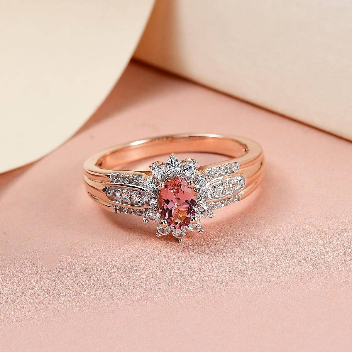 Natural Blush Tourmaline and Natural White Zircon Sunburst Ring in Vermeil Rose Gold Over Sterling Silver (Size 8.0) 1.15 ctw image number 1