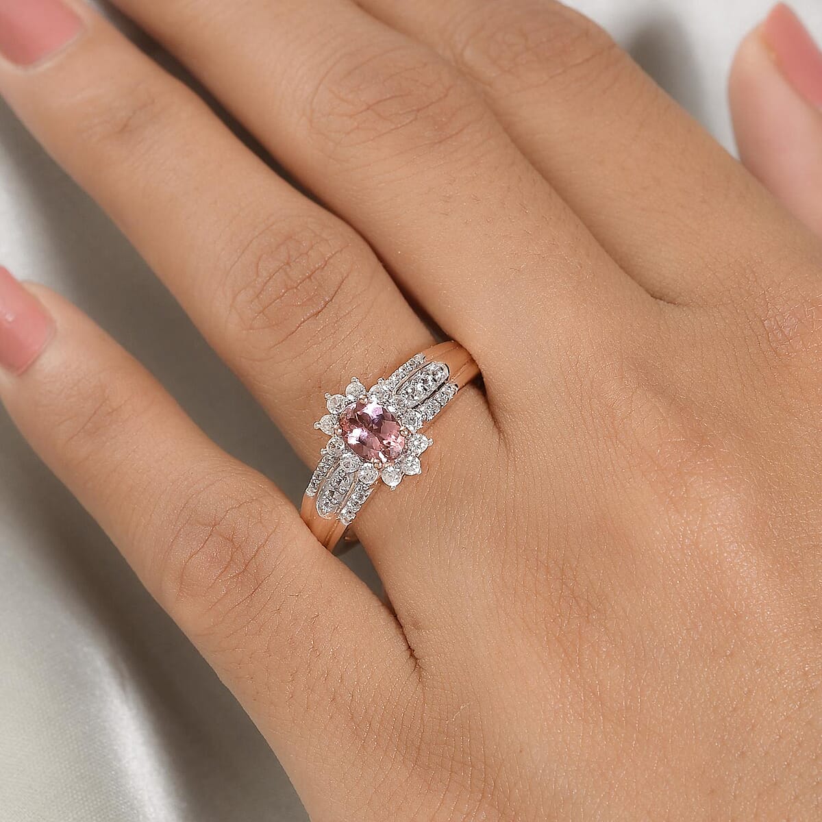 Natural Blush Tourmaline and Natural White Zircon Sunburst Ring in Vermeil Rose Gold Over Sterling Silver (Size 8.0) 1.15 ctw image number 2