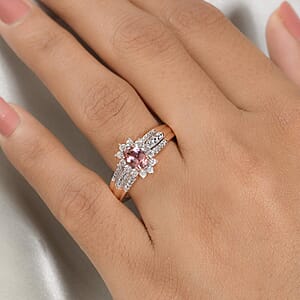 Natural Blush Tourmaline and Natural White Zircon Sunburst Ring in Vermeil Rose Gold Over Sterling Silver (Size 8.0) 1.15 ctw