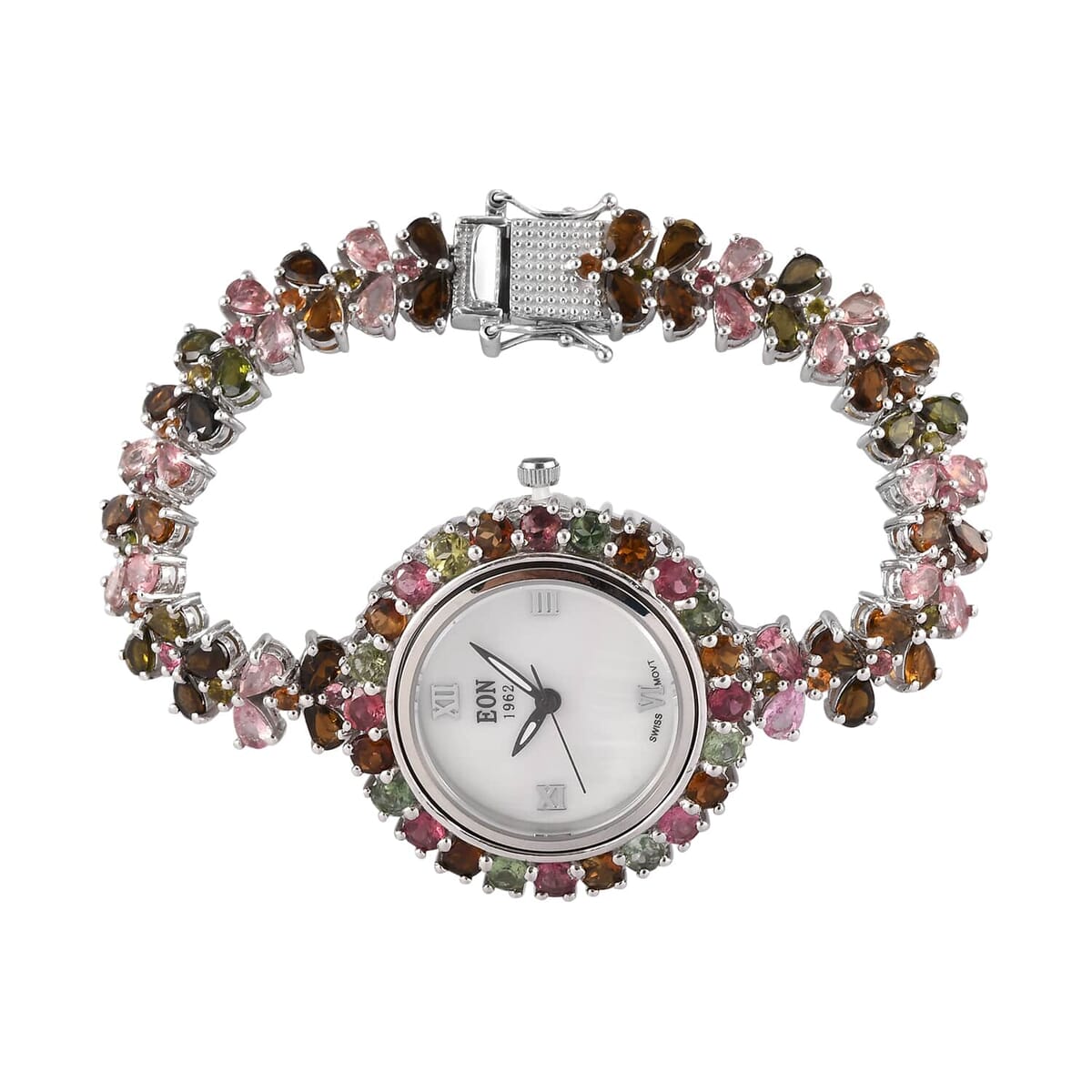 Doorbuster EON 1962 Swiss Movement Multi-Tourmaline Bracelet Watch in Platinum Over Sterling Silver (6.50 In) (21.25 g) 22.10 ctw image number 0