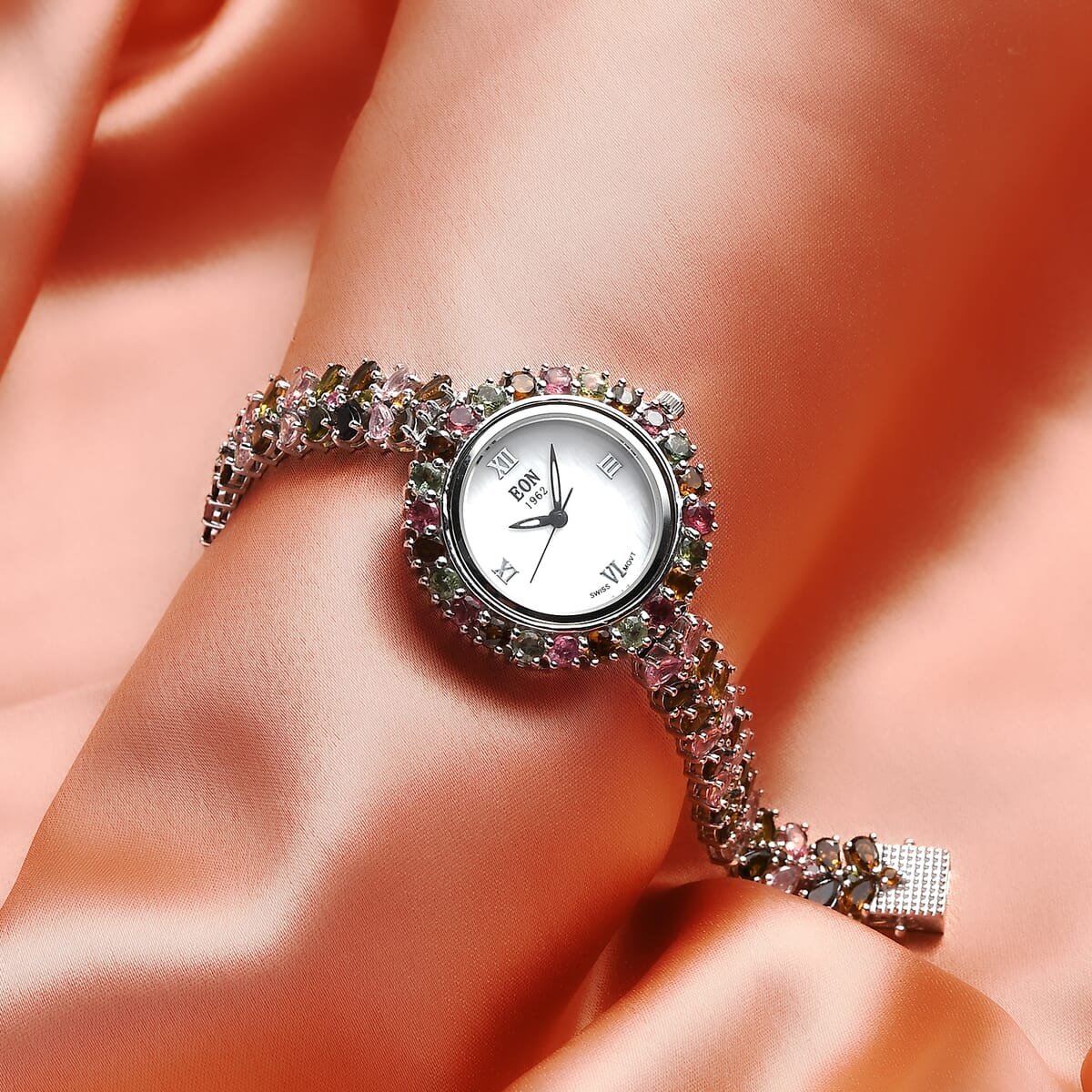 Doorbuster EON 1962 Swiss Movement Multi-Tourmaline Bracelet Watch in Platinum Over Sterling Silver (6.50 In) (21.25 g) 22.10 ctw image number 1