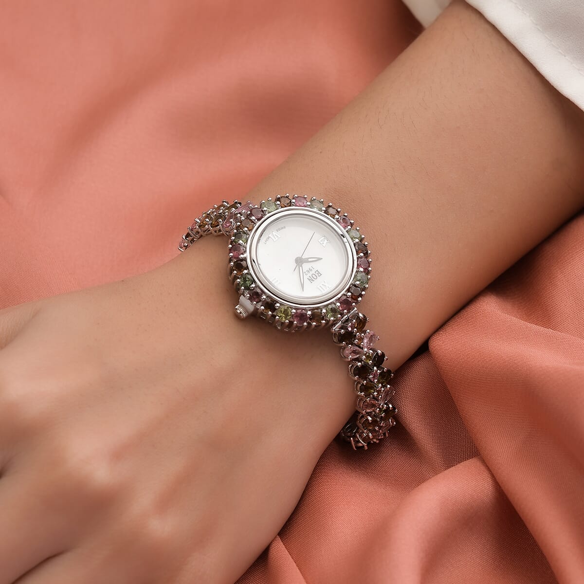 Doorbuster EON 1962 Swiss Movement Multi-Tourmaline Bracelet Watch in Platinum Over Sterling Silver (6.50 In) (21.25 g) 22.10 ctw image number 2