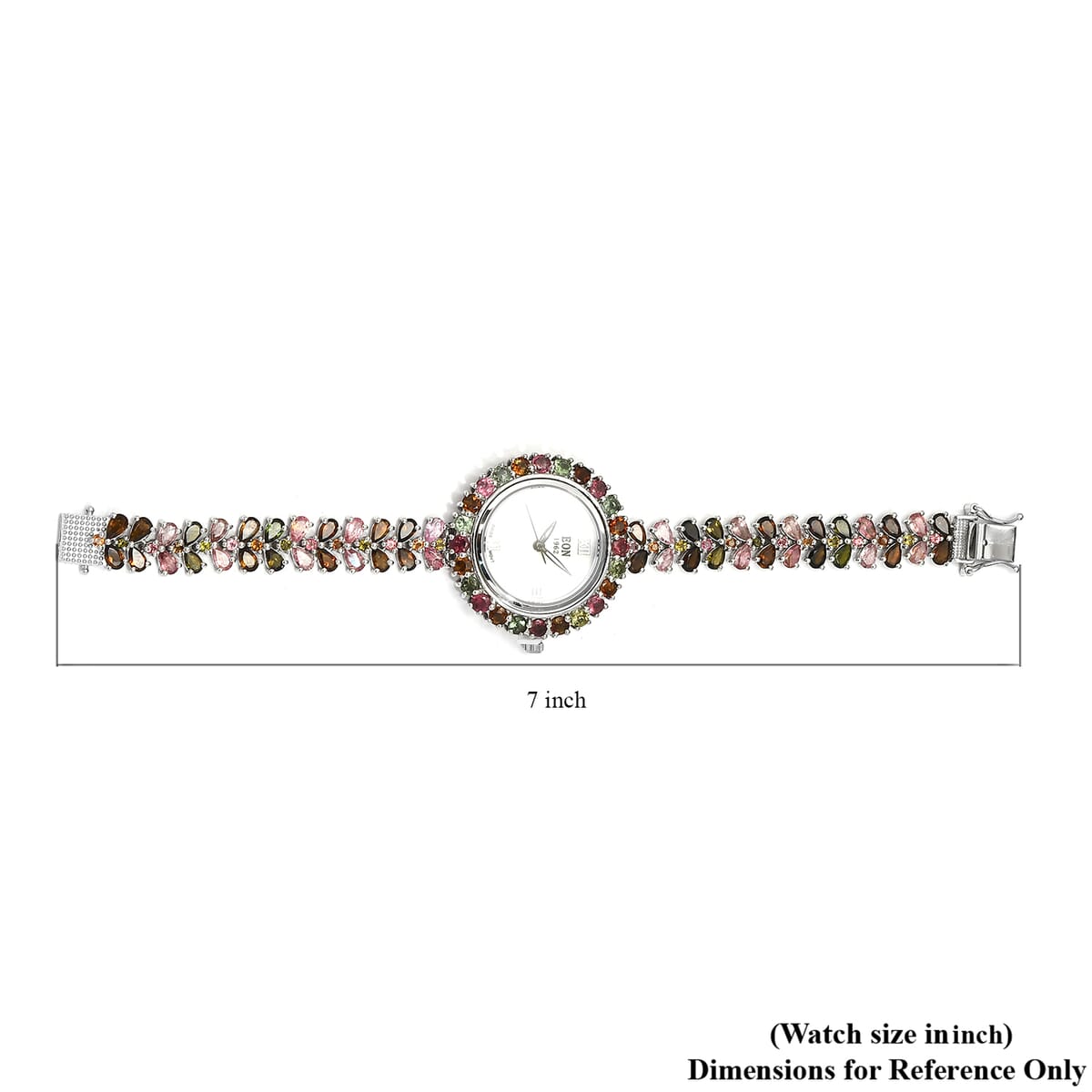 Doorbuster EON 1962 Swiss Movement Multi-Tourmaline Bracelet Watch in Platinum Over Sterling Silver (6.50 In) (21.25 g) 22.10 ctw image number 4