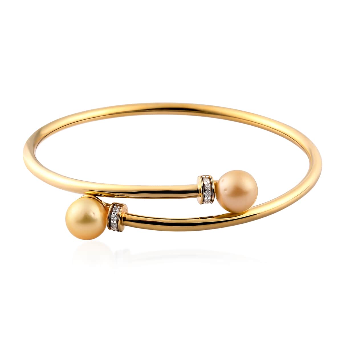 South Sea Pearl 9-10mm and Natural White Zircon Bangle Bracelet in Vermeil Yellow Gold Over Sterling Silver (7.25 in) 0.20 ctw image number 0