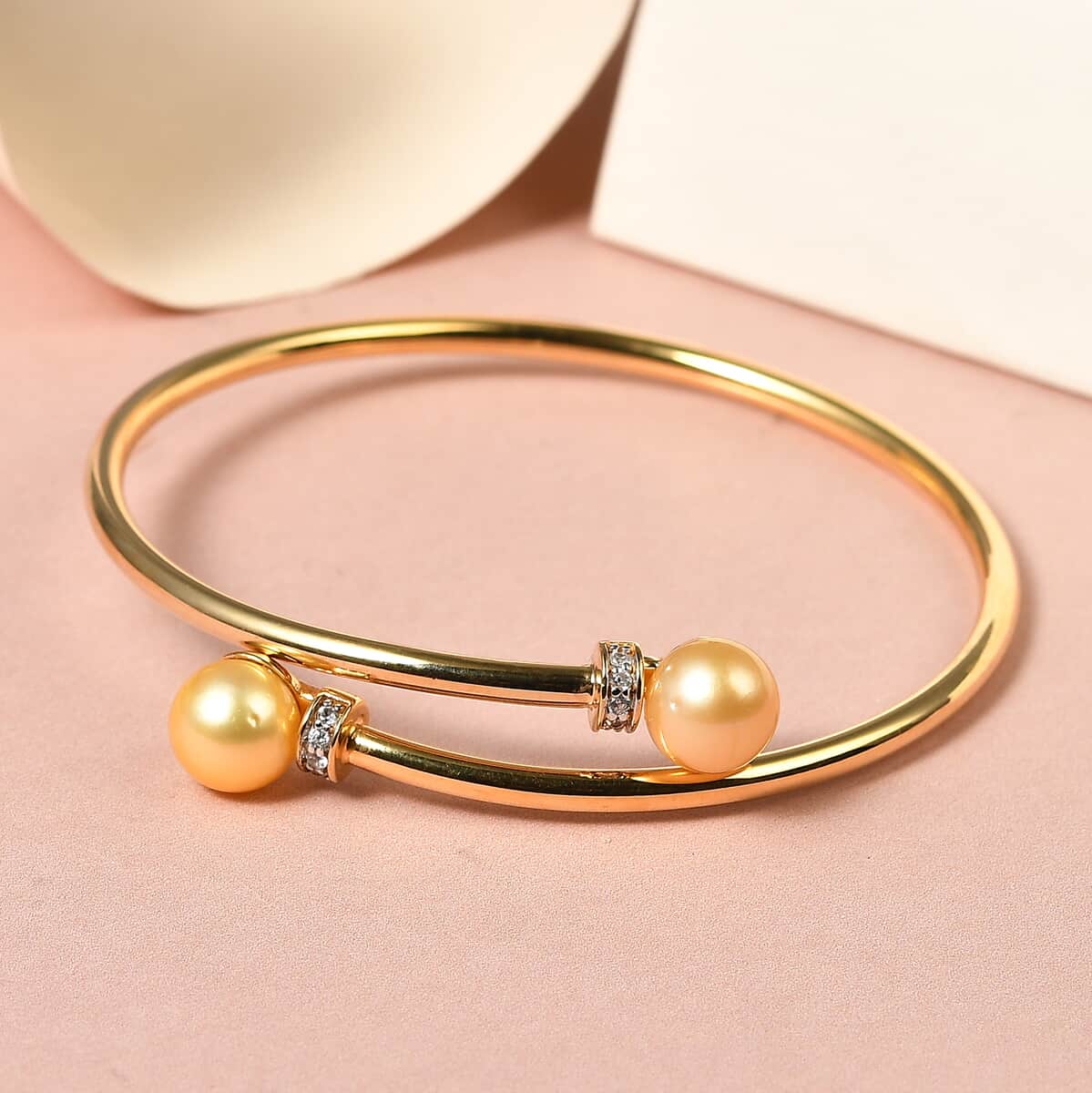South Sea Pearl 9-10mm and Natural White Zircon Bangle Bracelet in Vermeil Yellow Gold Over Sterling Silver (7.25 in) 0.20 ctw image number 1
