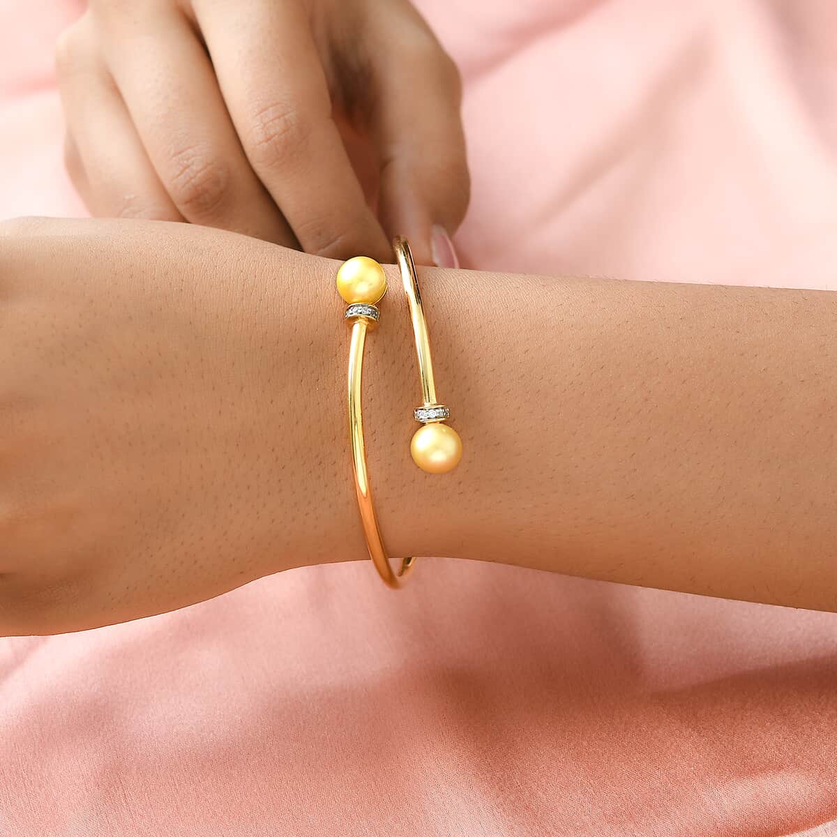 South Sea Pearl 9-10mm and Natural White Zircon Bangle Bracelet in Vermeil Yellow Gold Over Sterling Silver (7.25 in) 0.20 ctw image number 2