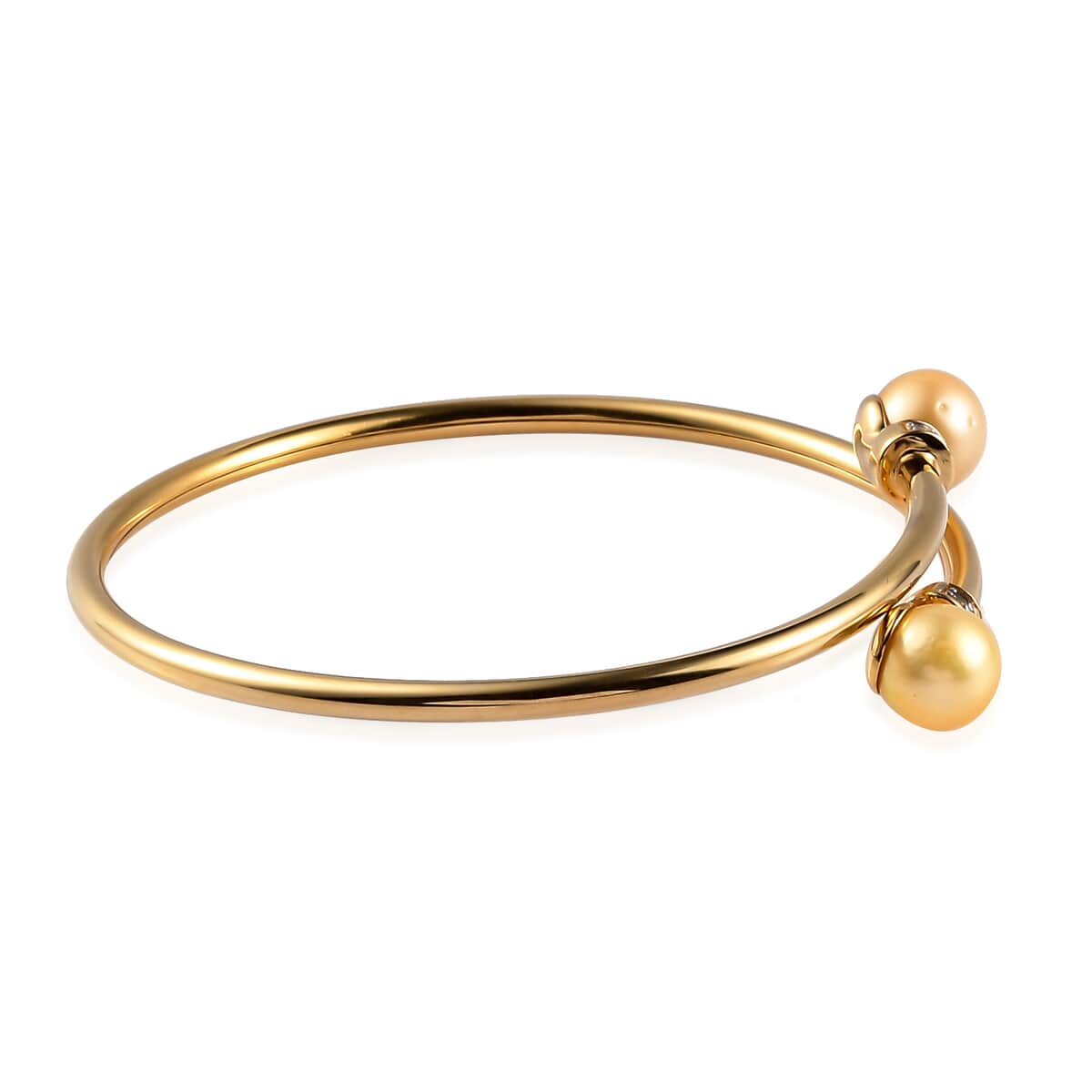 South Sea Pearl 9-10mm and Natural White Zircon Bangle Bracelet in Vermeil Yellow Gold Over Sterling Silver (7.25 in) 0.20 ctw image number 3