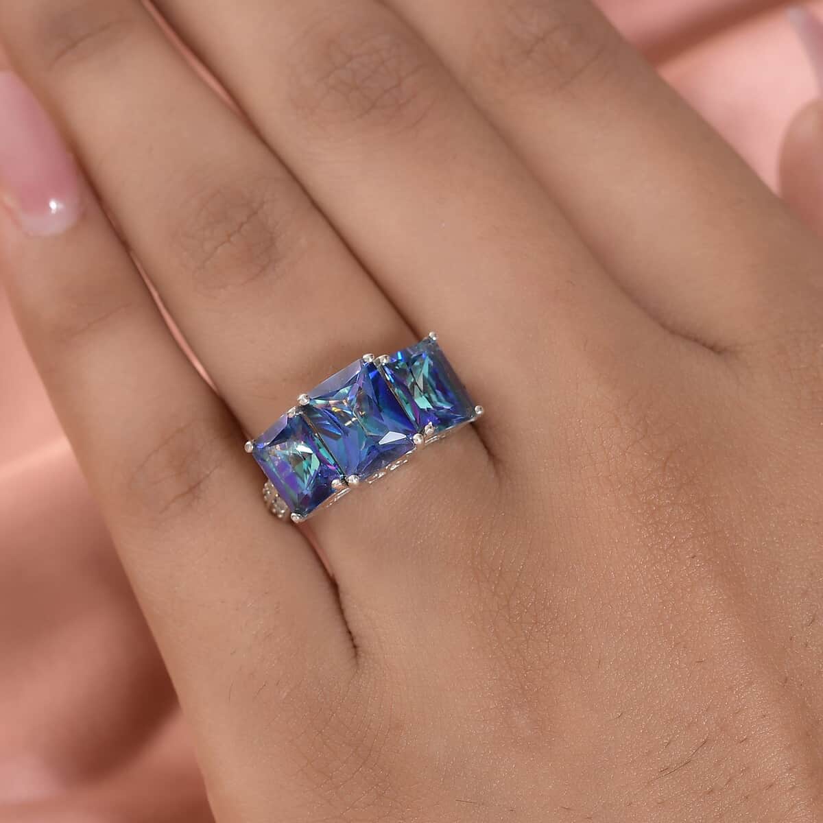 Radiant Cut Brazilian Periwinkle Bloom Petalite and Natural White Zircon 3 Stone Ring in Platinum Over Sterling Silver (Size 6.0) 4.50 ctw image number 2