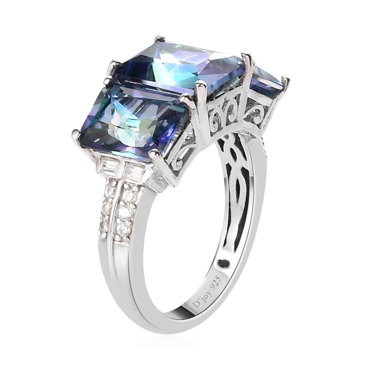 Radiant Cut Brazilian Periwinkle Bloom Petalite and Natural White Zircon 3 Stone Ring in Platinum Over Sterling Silver (Size 6.0) 4.50 ctw image number 3