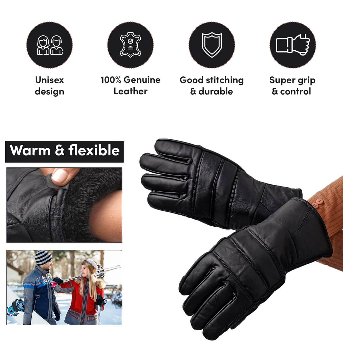 Black Warm and Flexible Genuine Leather Gloves , Driving Gloves , Leather Work Gloves , Bike Gloves , Winter Gloves image number 1