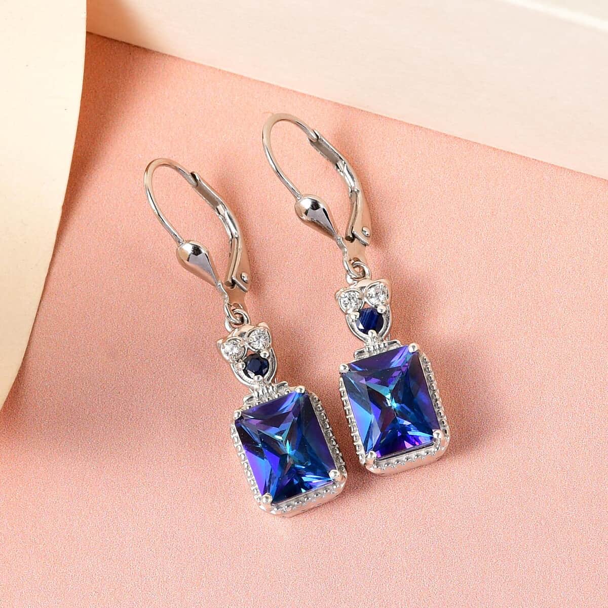 Radiant Cut Brazilian Periwinkle Bloom Petalite and Multi Gemstone Dangle Earrings in Platinum Over Sterling Silver 4.00 ctw image number 1