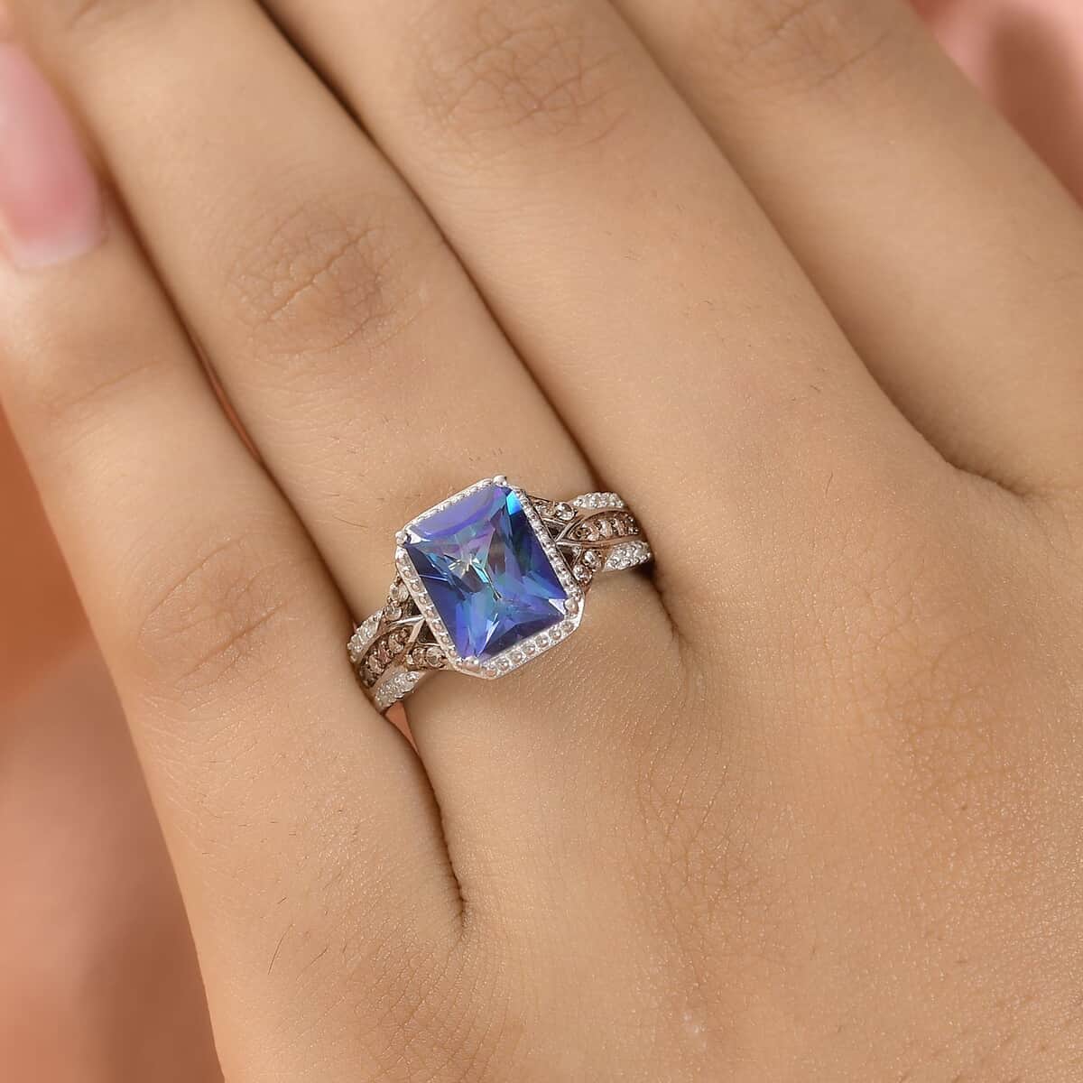 Periwinkle Bloom Petalite, Natural Champagne and White Zircon Ring in Platinum Over Sterling Silver 2.10 ctw image number 2