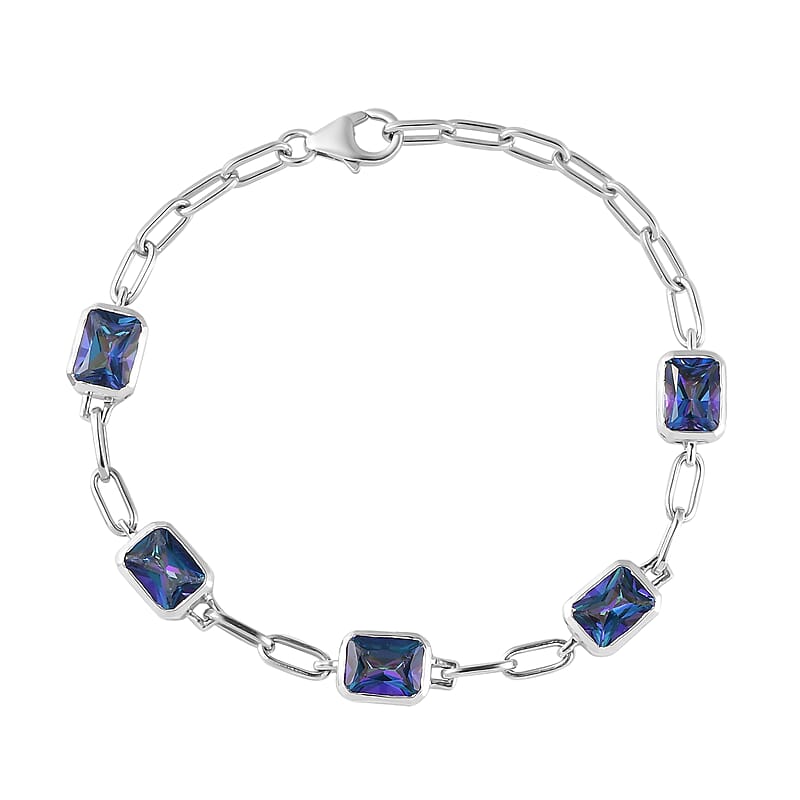 Radiant Cut Brazilian Periwinkle Bloom Petalite Paper Clip Chain Bracelet in Platinum Over Sterling Silver (7.25 In) 6.10 ctw
