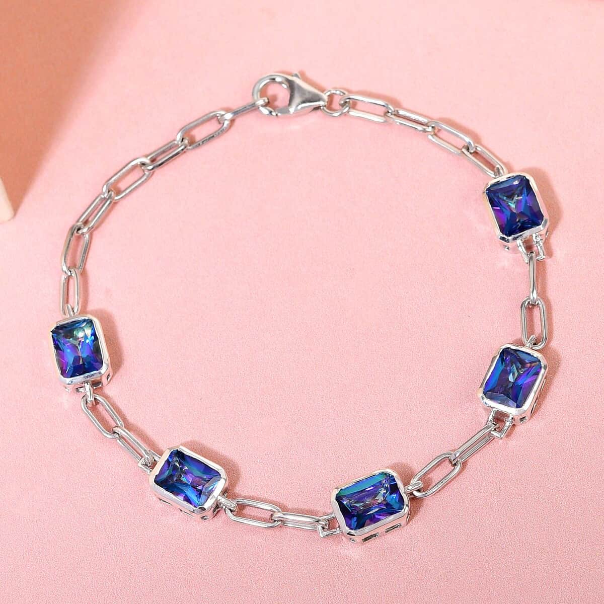 Radiant Cut Brazilian Periwinkle Bloom Petalite Paper Clip Chain Bracelet in Platinum Over Sterling Silver (7.25 In) 6.10 ctw image number 1
