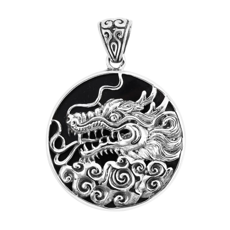 Bali Legacy Black Mother of Pearl Dragon Pendant in Sterling Silver 9 Grams