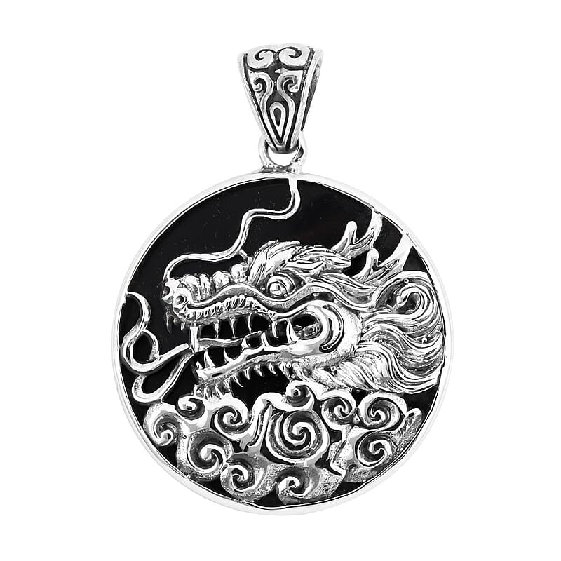 Bali Legacy Black Mother of Pearl Dragon Pendant in Sterling Silver 9 Grams