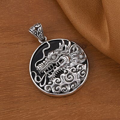 Bali Legacy Black Mother of Pearl Dragon Pendant in Sterling Silver 9 Grams