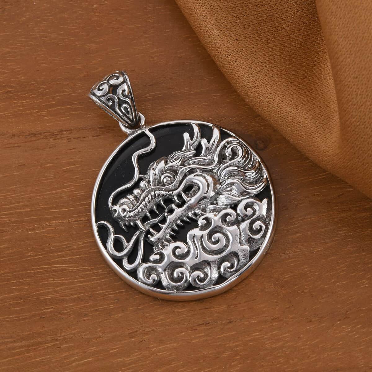 Bali Legacy Black Mother of Pearl Dragon Pendant in Sterling Silver 9 Grams image number 1