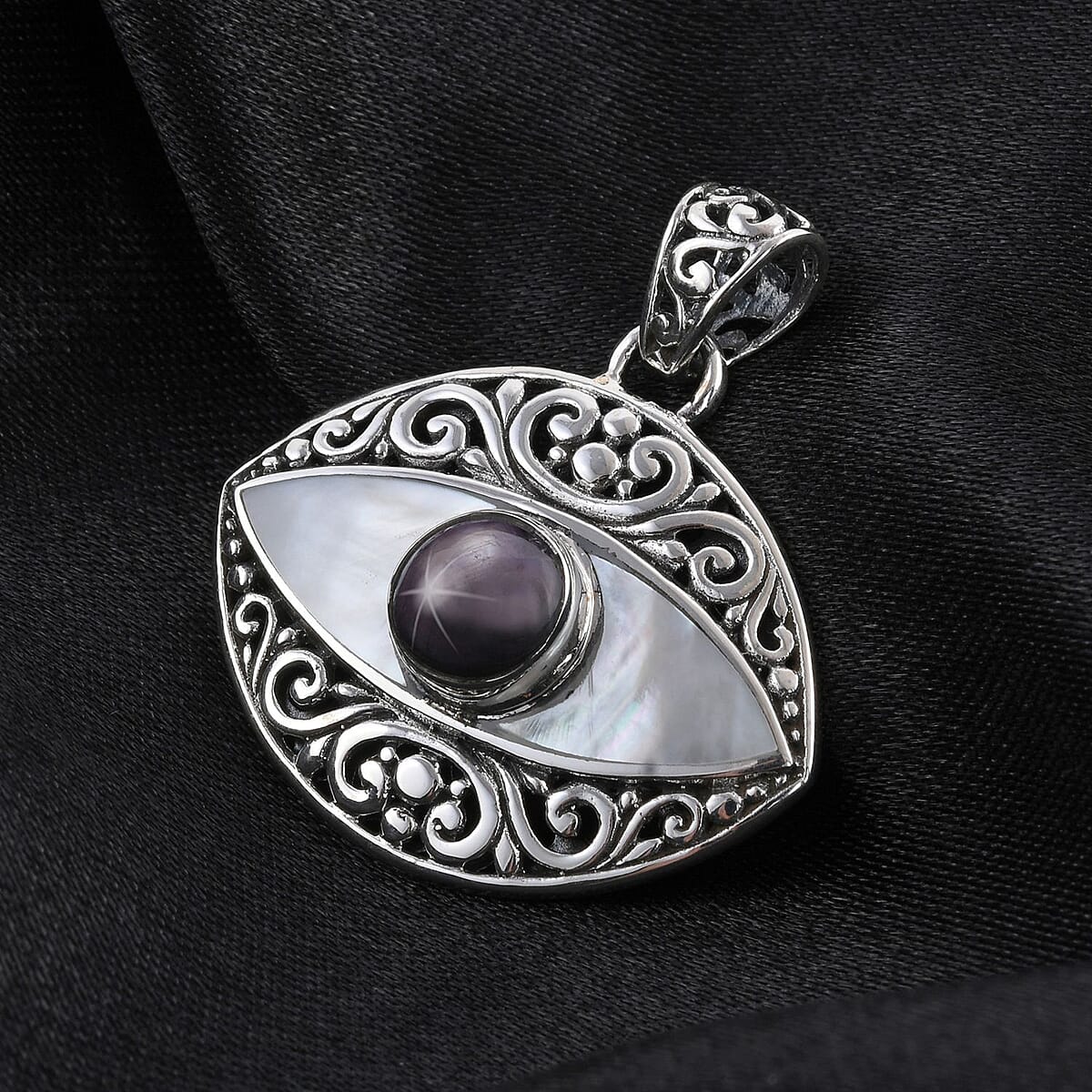 BALI LEGACY Indian Star Ruby and Mother Of Pearl Evil Eye Pendant in Sterling Silver 8 Grams 2.50 ctw image number 1