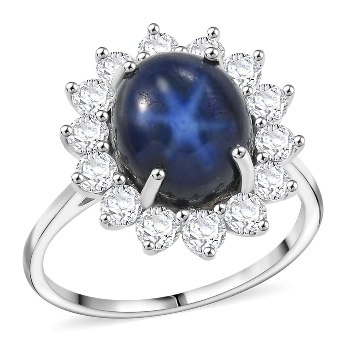 Thai Blue Star Sapphire (DF) and Moissanite Halo Ring in Platinum Over Sterling Silver (Size 10.0) 8.75 ctw image number 0