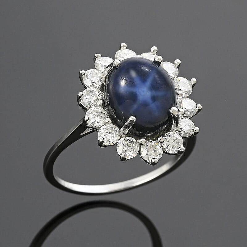 Blue Star Sapphire (DF) and Moissanite 8.75 ctw Halo Ring in Platinum Over Sterling Silver (Size 10.0) 