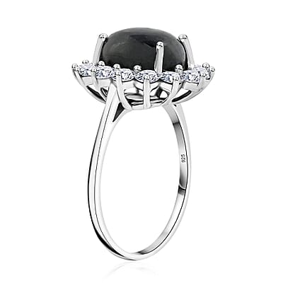Blue Star Sapphire (DF) and Moissanite 8.75 ctw Halo Ring in Platinum Over Sterling Silver (Size 10.0) 