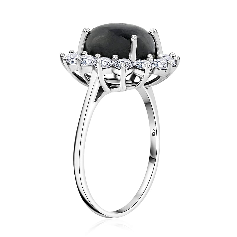 Blue Star Sapphire (DF) and Moissanite 8.75 ctw Halo Ring in Platinum Over Sterling Silver (Size 10.0) 
