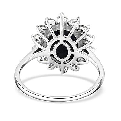 Blue Star Sapphire (DF) and Moissanite 8.75 ctw Halo Ring in Platinum Over Sterling Silver (Size 10.0) 