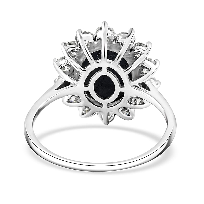 Blue Star Sapphire (DF) and Moissanite 8.75 ctw Halo Ring in Platinum Over Sterling Silver (Size 10.0) 
