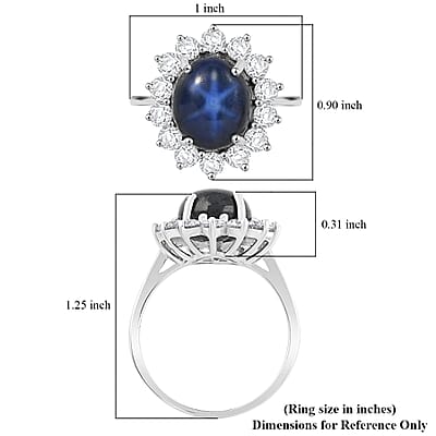 Blue Star Sapphire (DF) and Moissanite 8.75 ctw Halo Ring in Platinum Over Sterling Silver (Size 10.0) 