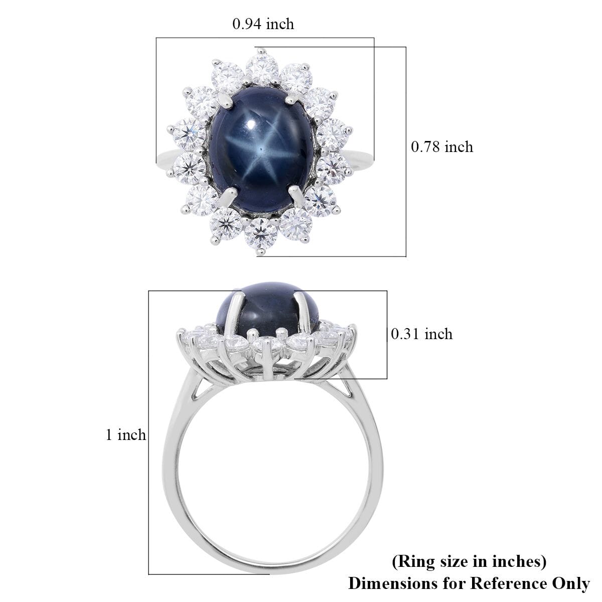 Blue Star Sapphire (DF) and Moissanite 8.75 ctw Halo Ring in Platinum Over Sterling Silver (Size 8.0)  image number 4