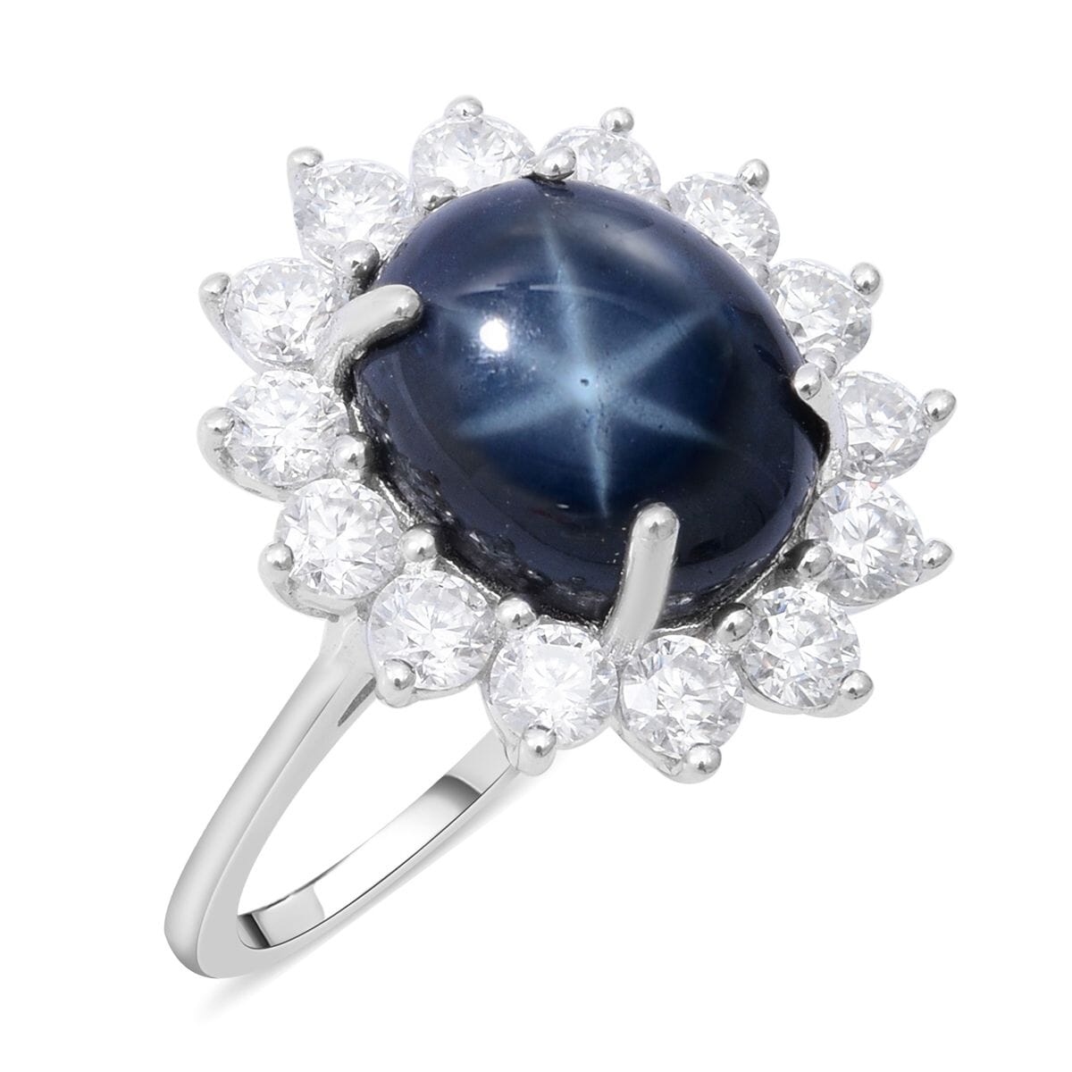 Blue Star Sapphire (DF) and Moissanite 8.75 ctw Halo Ring in Platinum Over Sterling Silver (Size 9.0)  image number 0