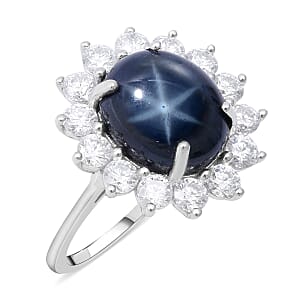 Blue Star Sapphire (DF) and Moissanite 8.75 ctw Halo Ring in Platinum Over Sterling Silver (Size 9.0) 