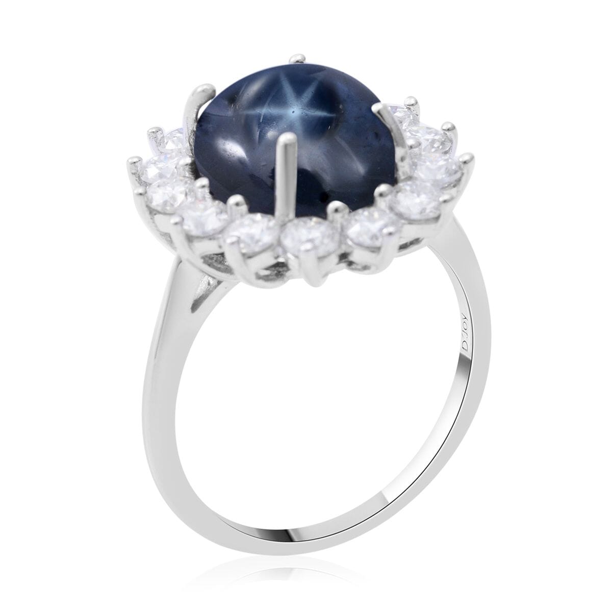 Blue Star Sapphire (DF) and Moissanite 8.75 ctw Halo Ring in Platinum Over Sterling Silver (Size 9.0)  image number 2